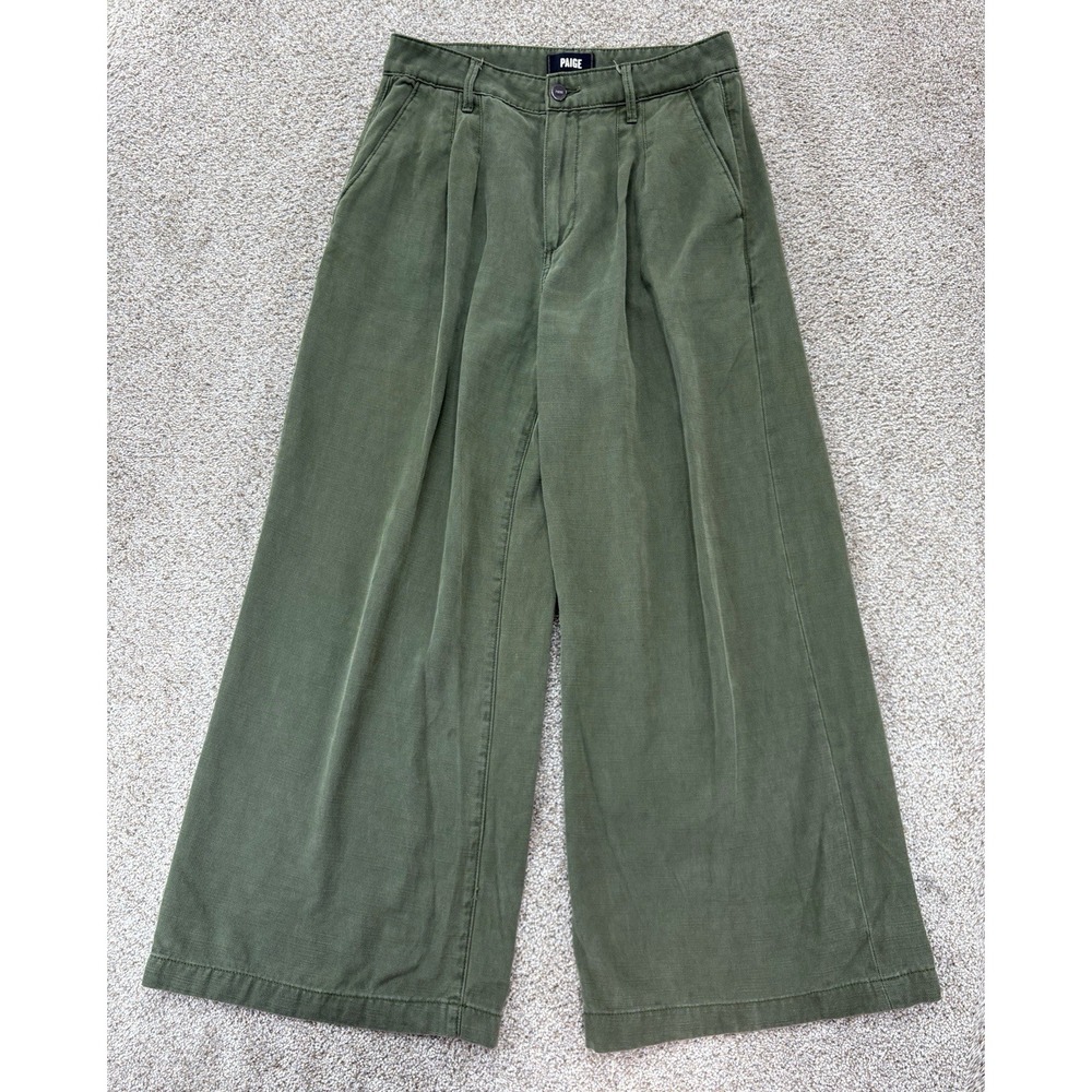PAIGE Aurora Pants Womens 29 Olive Green High Rise Pleated Wide Leg Trousers